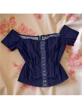 Vintage Y2K Off Shoulder Denim Corset Top Size Large Blue